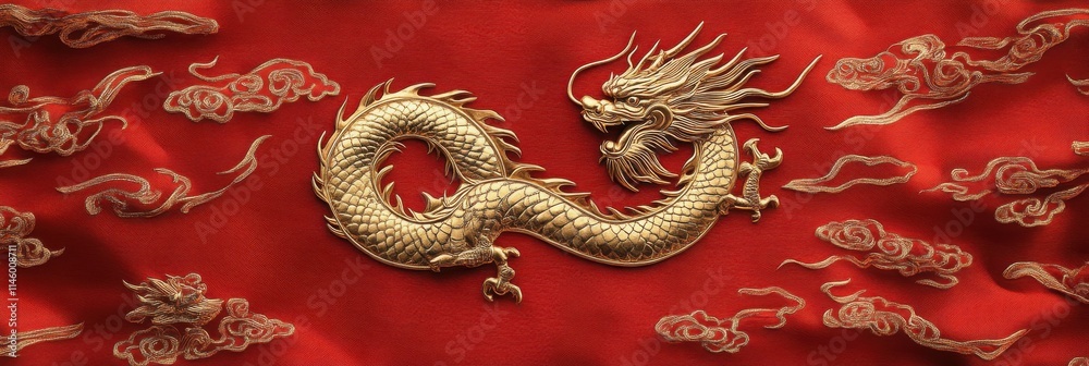 Obraz premium A vibrant red fabric featuring an intricately embroidered golden dragon amidst stylized clouds, symbolizing power and strength.