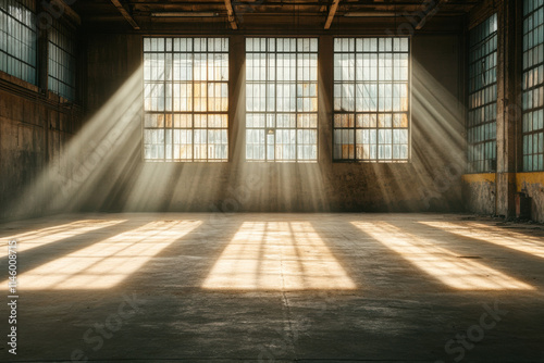 Sunbeams shining through windows in empty industrial warehouse