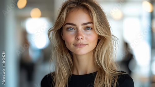 Young woman with blonde hair and freckles smiling in soft natural lighting