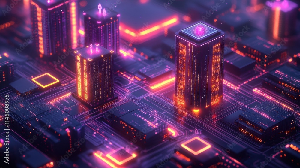 Fototapeta premium Futuristic cityscape with neon lights and circuit board design