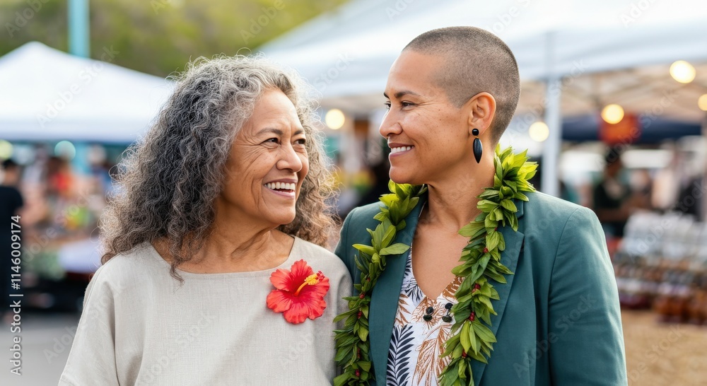 Intergenerational bonding at a vibrant outdoor market featuring native hawaiian women