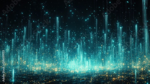 Futuristic cityscape with glowing dots and lines illuminating a digital skyline