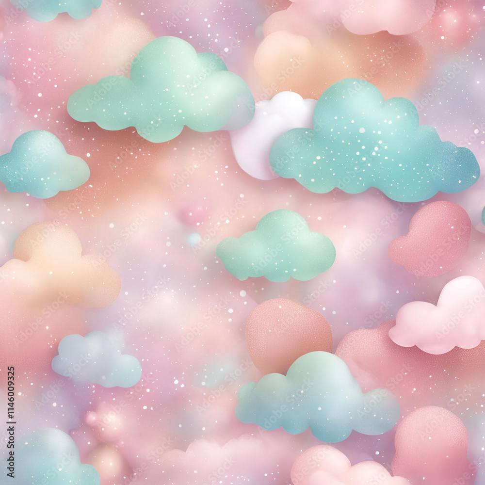 Obraz premium A soft and dreamy cloud pattern featuring pastel colors and sparkling accents, creating a whimsical atmosphere perfect for children's decor, textiles, and creative projects.