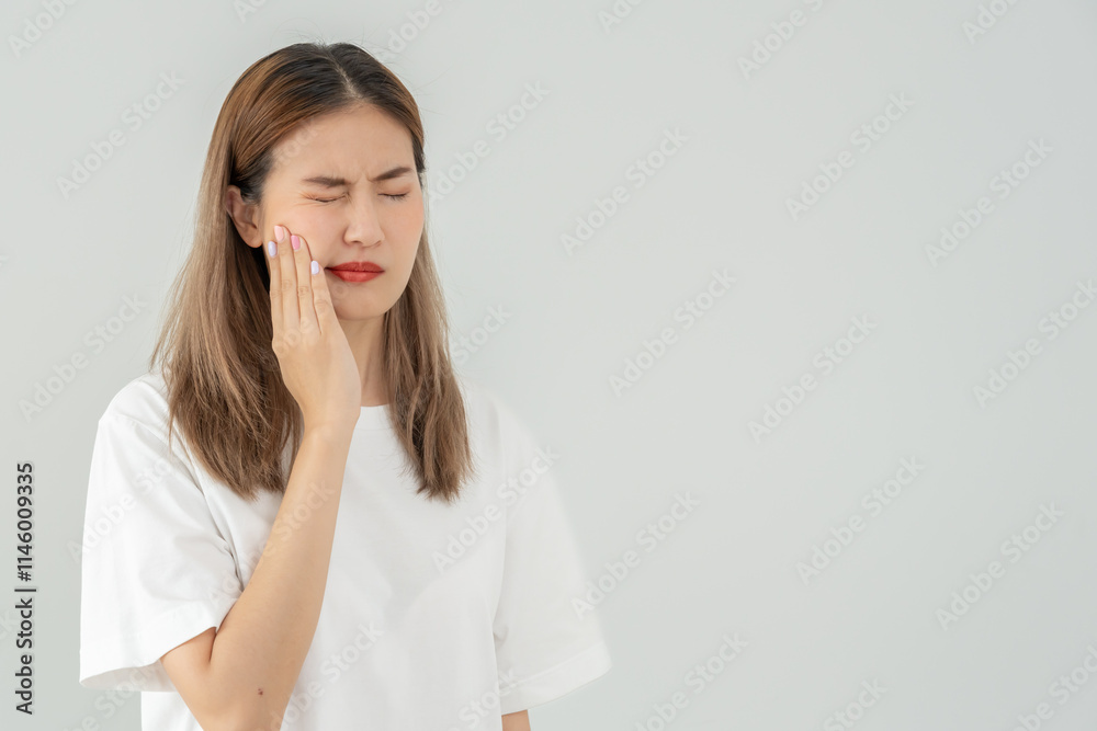 Asian woman feel toothache from gingivitis, female suffer tooth, decay problems, dental care. sensitive tooth, decay problem, bad breath, Gingival Recession, Oral Hygiene instruction, tooth extraction Asian woman feel toothache from gingivitis, female suffer tooth, decay problems, dental care. sensitive tooth, decay problem, bad breath, Gingival Recession, Oral Hygiene instruction, tooth extraction