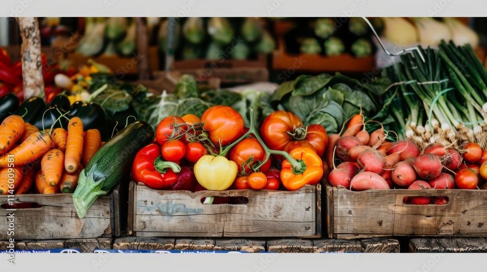 Fresh vegetables arranged in wooden crates at a farmer's market Fresh vegetables arranged in wooden crates at a farmer's market
