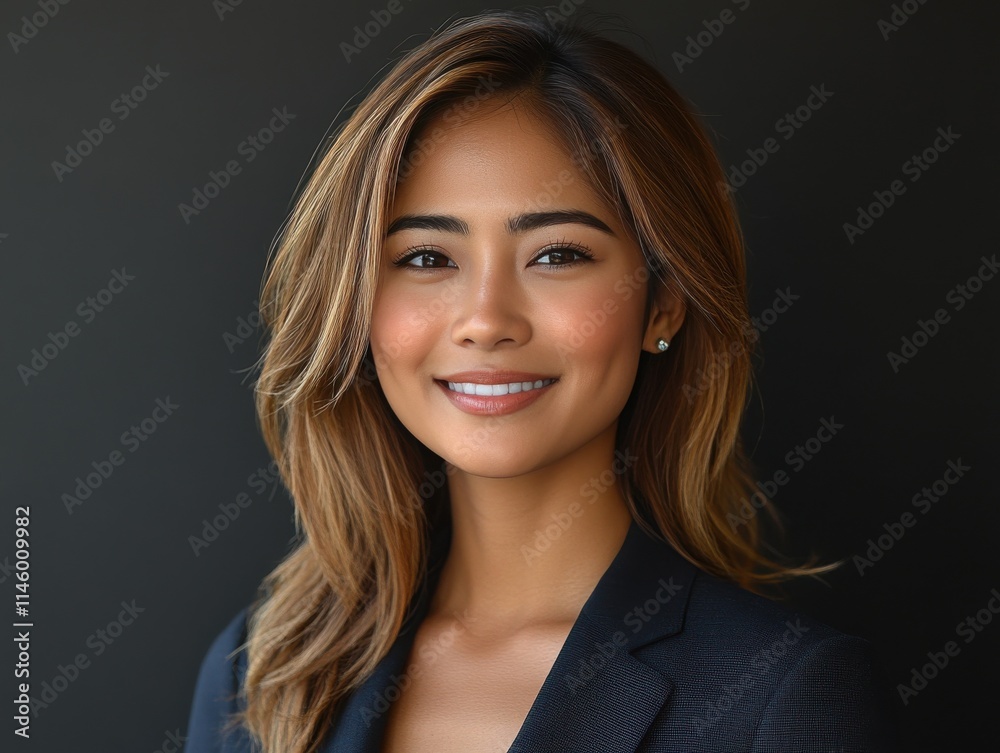 A woman in a suit is smiling for the camera A woman in a suit is smiling for the camera