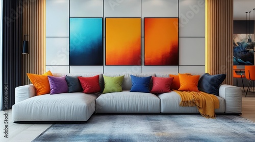 Modern living room with vibrant abstract art and colorful pillows enhancing cozy gray sofa