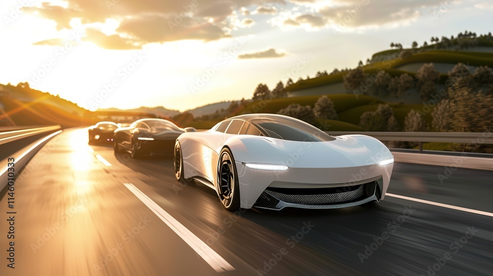 Naklejka premium Sleek modern car seamlessly merging with another on futuristic highway, symbolizing technological integration and innovation in automotive design and transportation advancements.