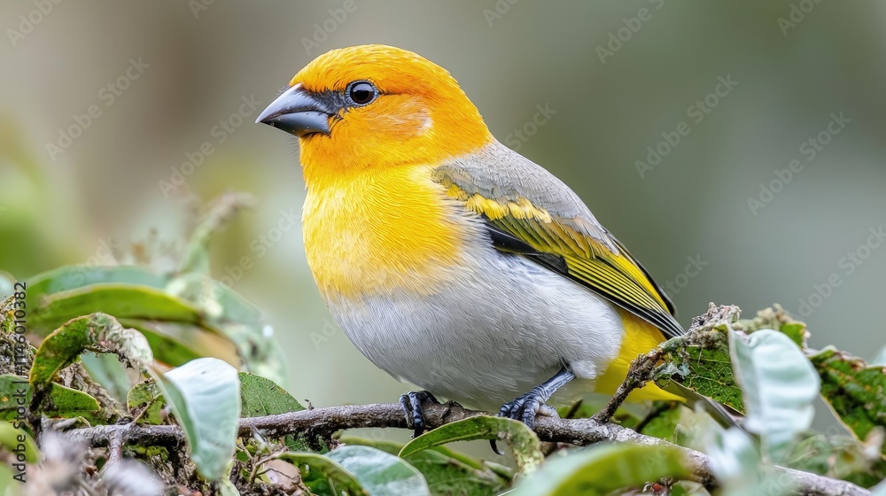 Fototapeta premium A colorful yellow-headed bird perched on a leafy green branch in its natural habitat.