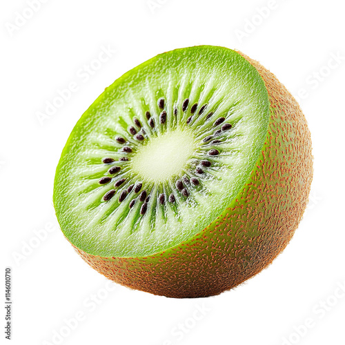 Front view close-up of an extremely perfect looking single kiwi fruit cut in half isolated on a white transparent background