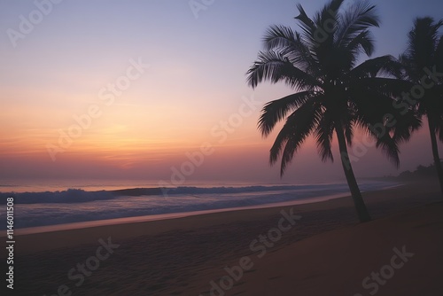 A beautiful sunset on the beach with palm tree and the ocean in the background. The sky is painted with warm colors, creating an atmosphere of tranquility and relaxation