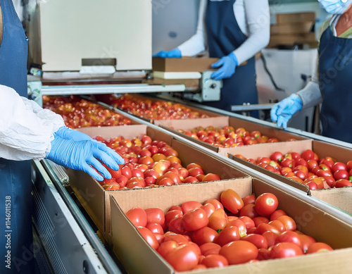 Trabajadores empacando tomates frescos en cajas de cartón en una planta de procesamiento.