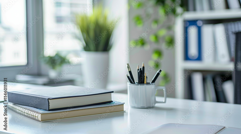 A minimalist study room with a white table covered in books and stationery, offering ample copy space for creative work, perfect for students and professionals looking to organize their workspace.