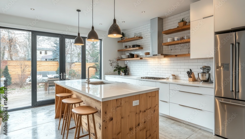 A kitchen with a white island and wooden countertops A kitchen with a white island and wooden countertops