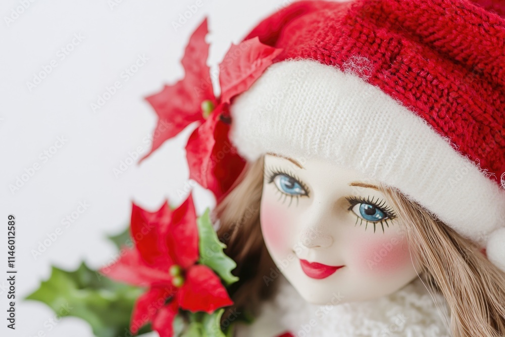 A close-up view of a doll wearing a Santa hat, great for holiday and winter themed designs A close-up view of a doll wearing a Santa hat, great for holiday and winter themed designs