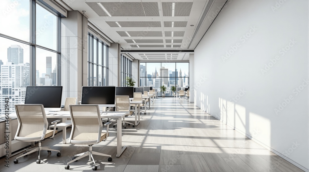 Modern office with open workspace, large windows, and city view. Modern office with open workspace, large windows, and city view.