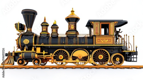 A vintage steam locomotive with ornate detailing and golden accents, symbolizing transportation history.