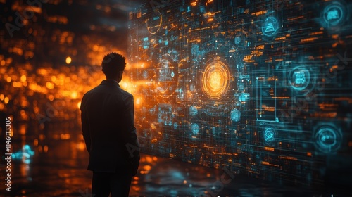 Futuristic digital interface with holographic data display and person observing technology