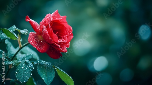 A single red rose with raindrops on its petals, macro shot, Naturalist style