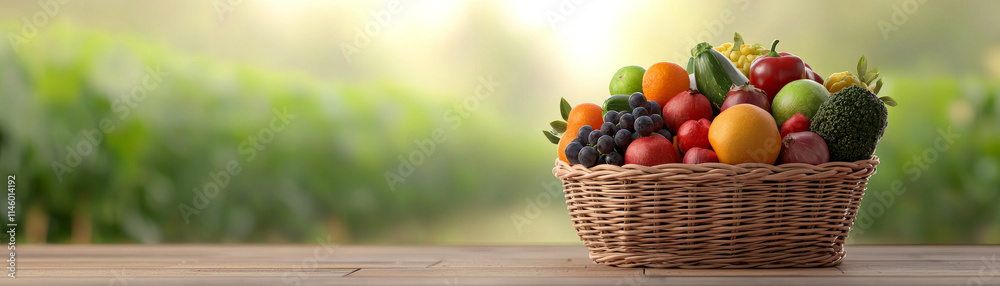 Fresh fruits in wicker basket on wooden table, surrounded by greenery Fresh fruits in wicker basket on wooden table, surrounded by greenery