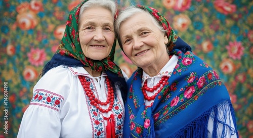 Elderly caucasian women in traditional eastern european attire with floral patterns photo