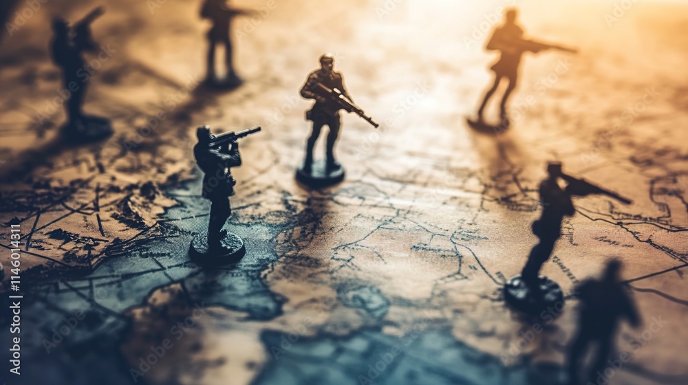 Close-up of detailed military strategy map with miniature soldiers and terrain models on wooden table for tactical planning and battlefield simulation. Close-up of detailed military strategy map with miniature soldiers and terrain models on wooden table for tactical planning and battlefield simulation.