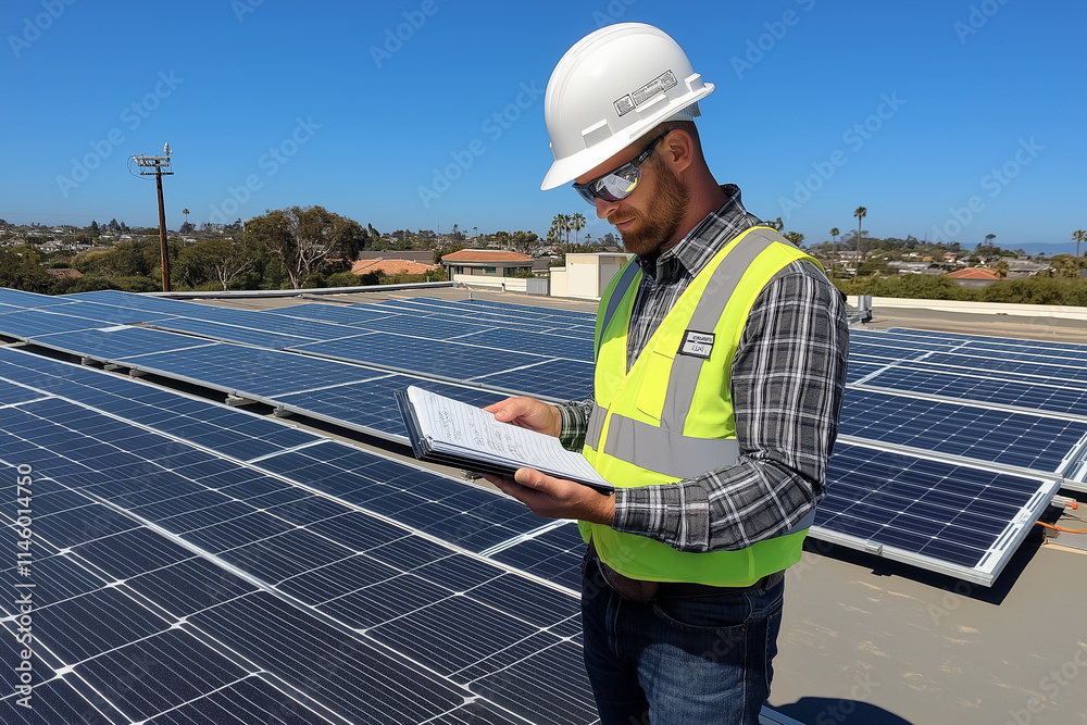 An engineer in a hard hat taking notes on a rooftop covered in solar panels An engineer in a hard hat taking notes on a rooftop covered in solar panels