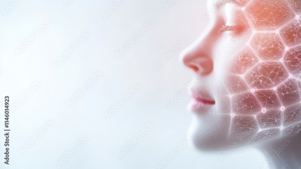 A serene profile of a woman with a digital, interconnected pattern glowing softly on her face, symbolizing technology and beauty. A serene profile of a woman with a digital, interconnected pattern glowing softly on her face, symbolizing technology and beauty.