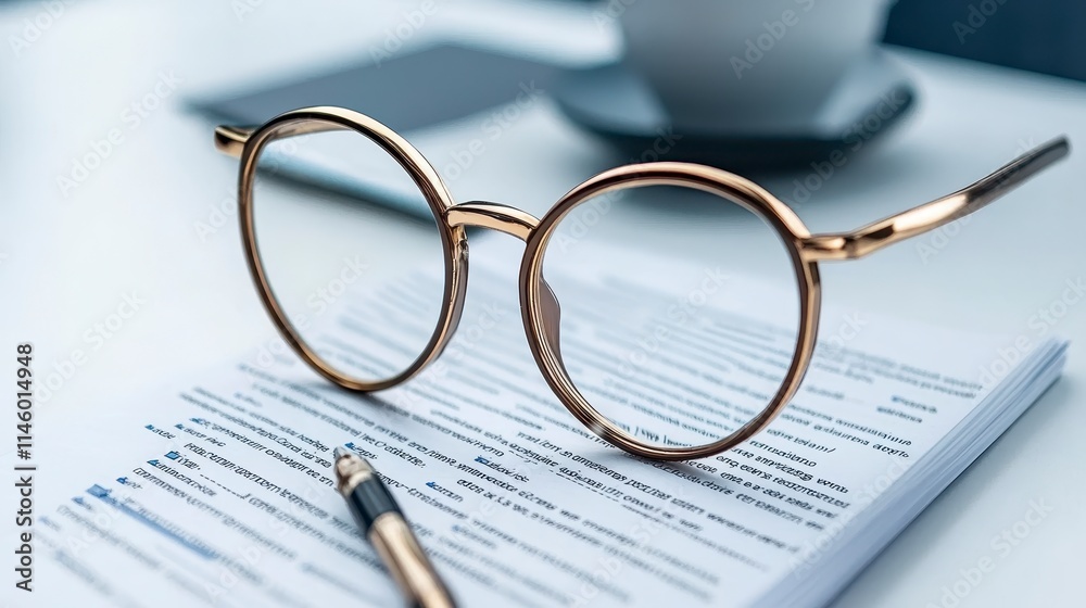 A pair of stylish glasses rests on printed documents alongside a pen, with a coffee cup blurred in the background, creating a sophisticated workspace atmosphere. A pair of stylish glasses rests on printed documents alongside a pen, with a coffee cup blurred in the background, creating a sophisticated workspace atmosphere.
