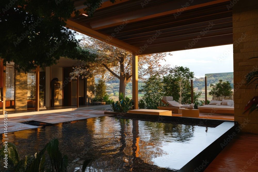 Fototapeta premium A small pool situated in the center of an outdoor patio