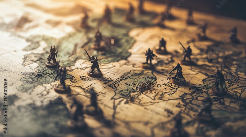 Obraz premium Close-up of detailed military strategy map with miniature soldiers and terrain models on wooden table for tactical planning and battlefield simulation.