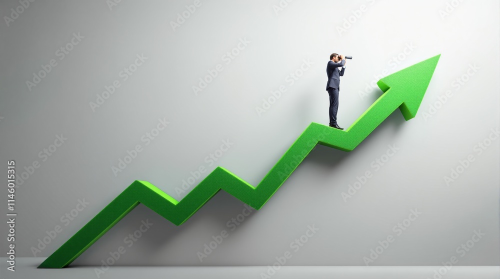 Businessman standing on a green upward arrow with a telescope, symbolizing growth, vision, and success in a minimalistic style. Businessman standing on a green upward arrow with a telescope, symbolizing growth, vision, and success in a minimalistic style.