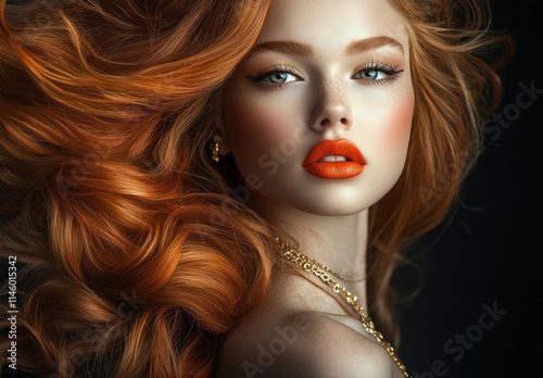 Stunning Redhead Woman with Flowing Hair and Orange Lips