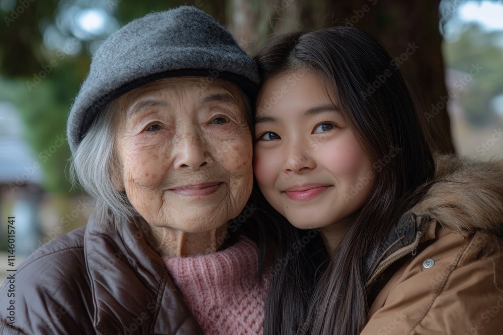 A woman with a gray hat and a young girl with a pink sweater hug each other A woman with a gray hat and a young girl with a pink sweater hug each other