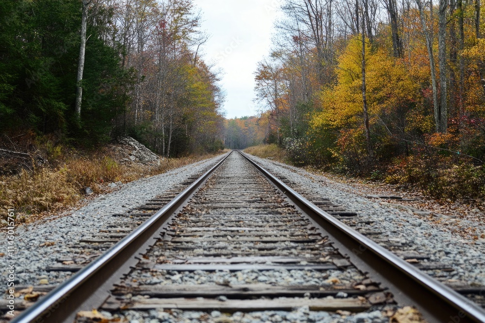 A train track runs through a densely wooded area, perfect for use in scenes related to travel or nature A train track runs through a densely wooded area, perfect for use in scenes related to travel or nature