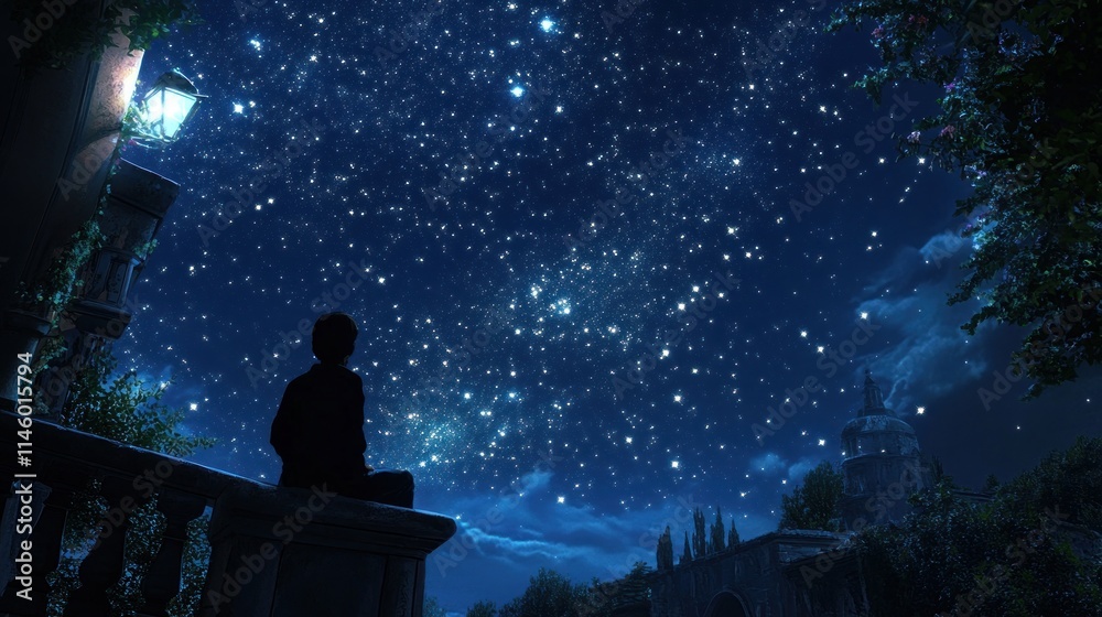 A Boy Gazing at the Celestial Canvas: A Night of Starry Wonders and Peaceful Contemplation Under the Vast Expanse of the Night Sky A Boy Gazing at the Celestial Canvas: A Night of Starry Wonders and Peaceful Contemplation Under the Vast Expanse of the Night Sky