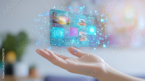A hand holding a tablet with a blue screen showing a variety of icons and images. Generative AI