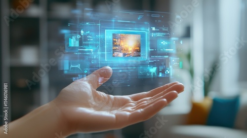 A hand holding a blue screen with a picture of a person and a tree. Generative AI