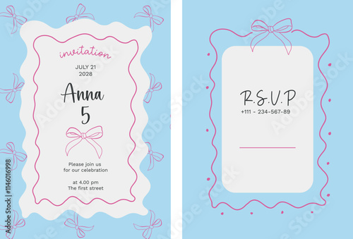 Kids invitation card for birthday party with coquette pink  ribbon bow flat illustration. Vector girly invitation design template.