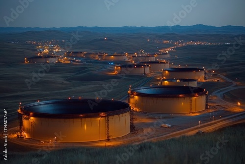 Illuminated Tanks at Dusk Over an Expansive Oil Field photo