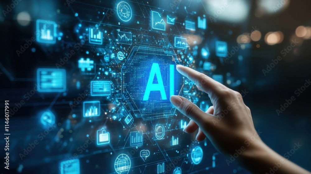 A hand is pointing at the word AI on a computer screen. Generative AI A hand is pointing at the word AI on a computer screen. Generative AI