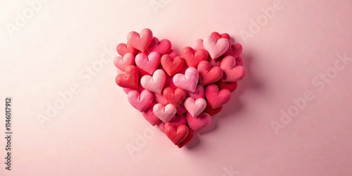 A multitude of small, plush hearts arranged in the shape of a large heart, on a soft pink background