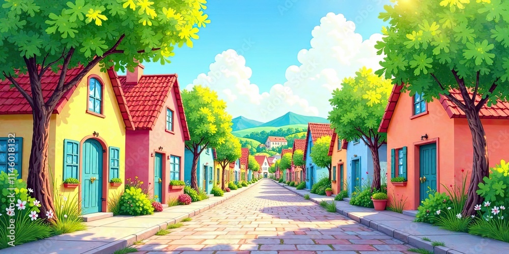 Fototapeta premium A Sunny Street in a Picturesque Village with Colorful Houses and Lush Greenery