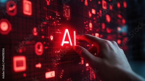 A hand is pointing at the word AI on a red screen. Generative AI