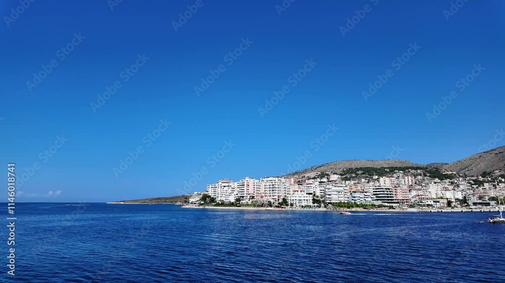 Albania Sarandë Saranda city leaving port on ferry Ionian Sea Albanian Riviera Albania Sarandë Saranda city leaving port on ferry Ionian Sea Albanian Riviera