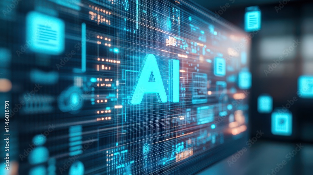 A computer screen with a blue word that says AI. Generative AI A computer screen with a blue word that says AI. Generative AI