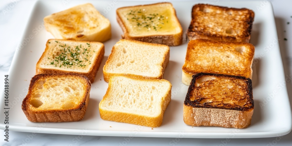 Plate with toasts beautifully arranged on a white plate, showcasing a delightful assortment of toasted bread. This plate with toasts is perfect for breakfast or brunch presentations. Plate with toasts beautifully arranged on a white plate, showcasing a delightful assortment of toasted bread. This plate with toasts is perfect for breakfast or brunch presentations.