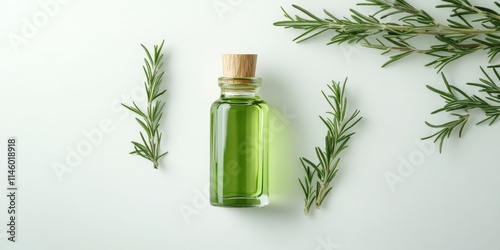 A bottle of rosemary essential oil is positioned against a clean, white backdrop, showcasing the oils vibrant hue and highlighting its aromatic benefits.