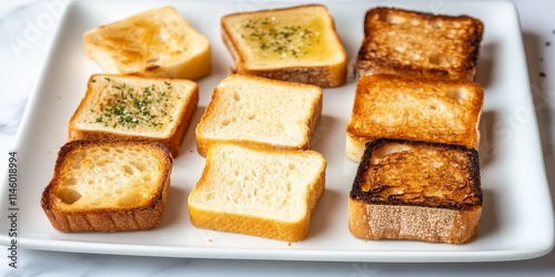 Plate with toasts beautifully arranged on a white plate, showcasing a delightful assortment of toasted bread. This plate with toasts is perfect for breakfast or brunch presentations.