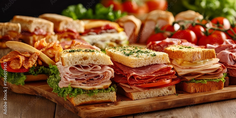 Delicious fresh sandwiches featuring a variety of meats, vegetables, and tomatoes beautifully arranged on a wooden table, showcasing the vibrant appeal of fresh sandwiches in every bite.
